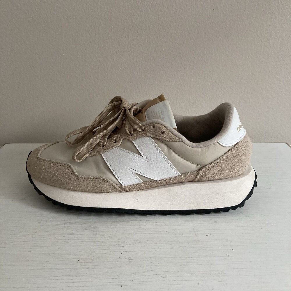 New Balance Beige and White Retro Athletic Sneakers - Picture 6 of 10